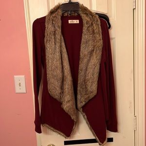 Faux fur lined maroon cardigan